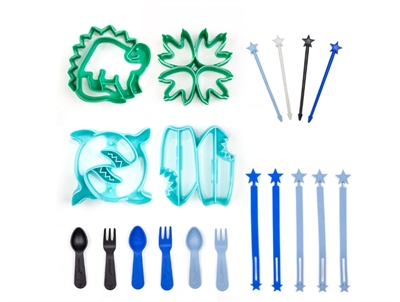 Lunch Punch bento sæt i blå og grøn med dino- og hajtema