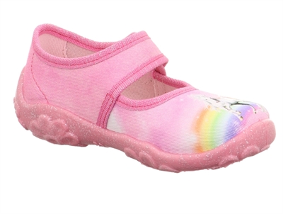 Superfit BONNY hjemmesko rosa tekstil med enhjørning og regnbue skrå forfra