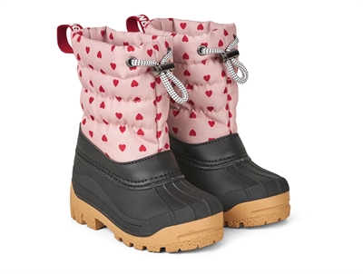 Angulus snestøvle rosa med røde hjerter og med uldfoer