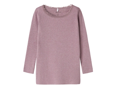 name it ribbluse elderberry melange med blondekant forfra