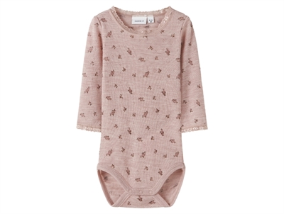 Name It uld body i shadow gray med små blomster og blondekant