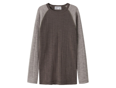 Name It merinould bluse i brun nuance med kontrastærmer