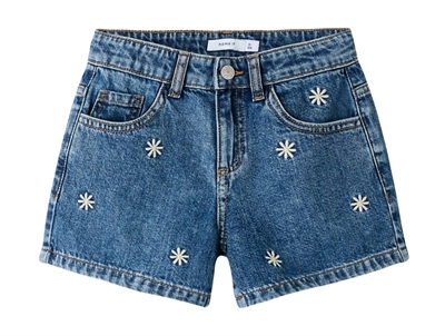 Name It shorts blå denim med blomsterbroderi foran
