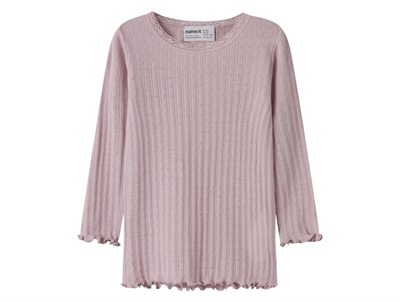 Name It merinould og silke bluse i violet ice forfra