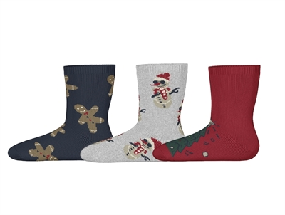 Name It strømper 3-pak navy blazer, grey melange og jester red med juleprint
