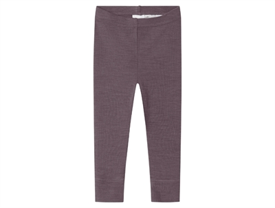 Name It leggings i sparrow mørk lilla nuance i merinould med ribmønster set forfra