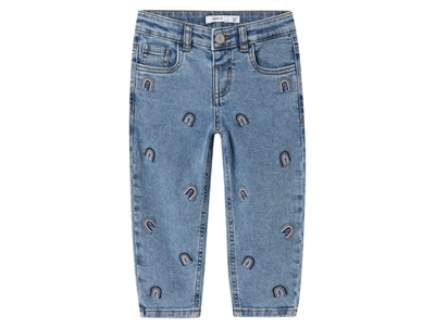 Name It jeans i blå denim med små regnbuebroderier og justerbar talje