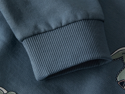 ribkant på blå sweatshirt med dino-surf print fra Name It