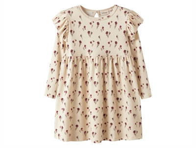 Lil' Atelier kjole i råhvid nuance med rødt blomsterprint og flæser