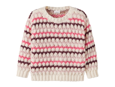 Name It striktrøje i råhvid nuance med pink og bordeaux striber
