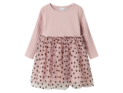 name it kjole i rosa nuance med tylskørt og brunt hjerteprint