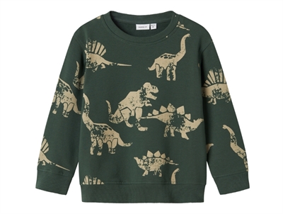 name it mini sweatshirt mørkegrøn med dinosaurprint
