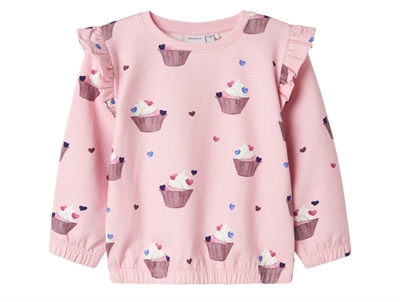 name it mini sweatshirt lyserød med cupcakeprint og flæser