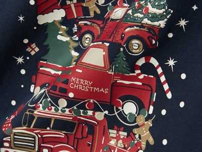 Detalje af julelastbil print på blå bluse fra Name It