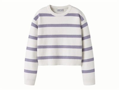 Name It striktrøje i cloud dancer med lavender gray striber set forfra
