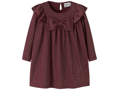 Name It kjole i burgundy med glimmer og sløjfe set forfra