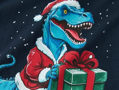 Detalje af jule dino print på blå bluse fra Name It