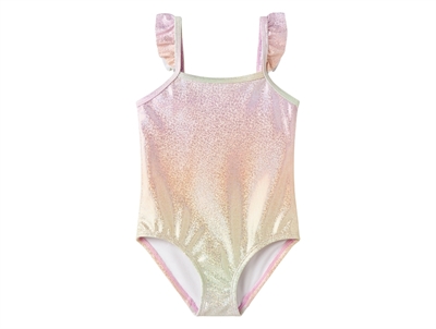 Name It badedragt i lyserød nuance med glittereffekt og flæser
