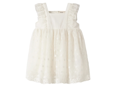 Lil' Atelier kjole i rahvid nuance med tylbroderi set forfra