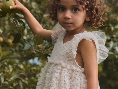 Lil' Atelier kjole i graabeige nuance med tyl og blomsterstruktur pa barn