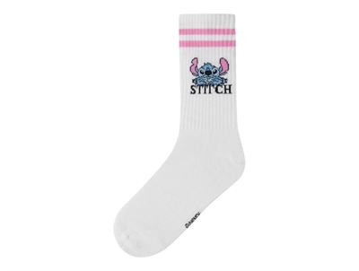 Name It strømper i bright white med Stitch motiv og pink striber