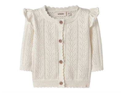 Lil Atelier cardigan i råhvid nuance med hulmønster og flæser forfra
