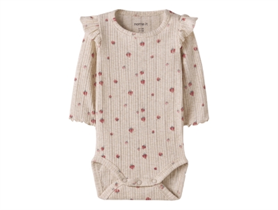 Name It body i beige nuance med jordbærprint og flæser