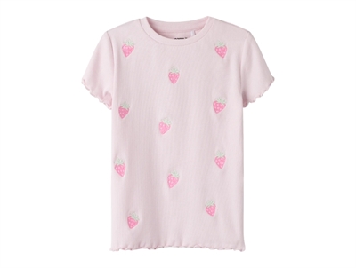 Name It t shirt i lyserød nuance med rib og broderede jordbær foran