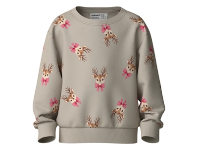 Name It sweatshirt i råhvid med rensdyrprint og lyserøde sløjfer