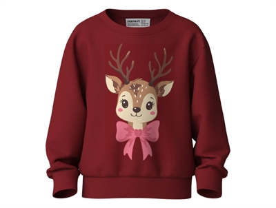 Name It sweatshirt i mørkerød med rensdyr og lyserød sløjfe