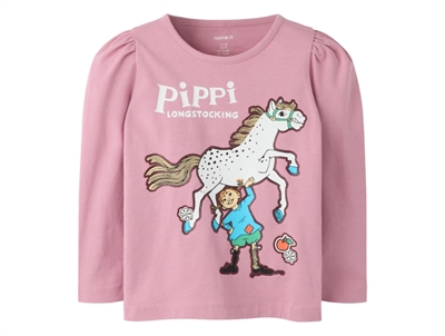 Name It bluse i lyserød med Pippi Langstrømpe på hest
