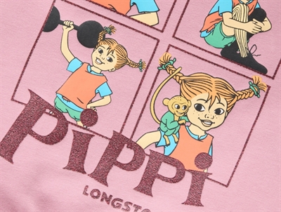 Detalje af Pippi Langstrømpe print med glimmer på Name It sweatkjole i lilas