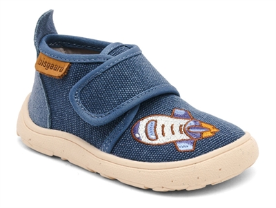 Bisgaard basic hjemmesko i blå nuance med raket broderi Bisgaard hjemmesko med velcro og broderet rumraket