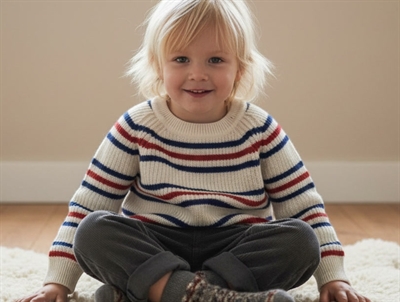 FUB ecru/pond blue/red raglan strikbluse merinould