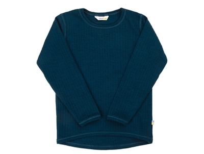 Joha uldbluse i mørk turkis merinould med lange ærmer  