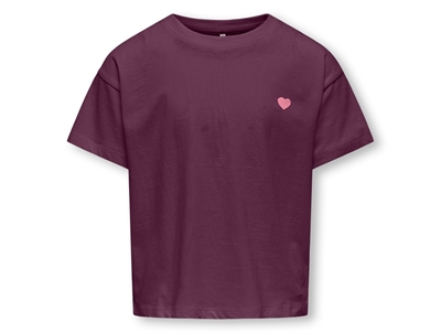 Kids ONLY t-shirt i mauve wine med lyserødt hjertebroderi forfra