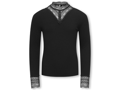KIDS ONLY sort bluse med blondekrave og blondedetaljer foran