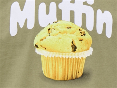 Nærbillede af KIDS ONLY t-shirt mermaid green med muffinprint til piger