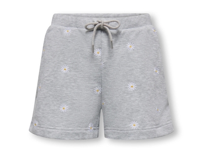 Kids ONLY sweatshorts i grå med broderede blomster og snøre set forfra