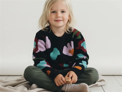 FUB sweater jacquard dark navy med blomster i merinould