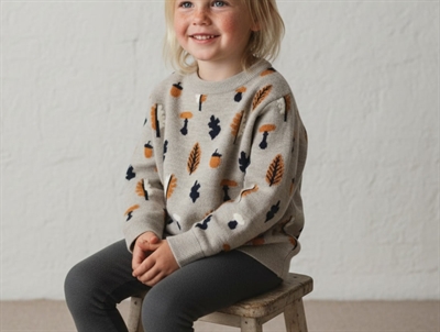 FUB sweater oat melange jacquard med efterårsmotiv i merinould