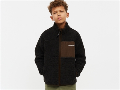 Mads Nørgaard fleecejakke i sort med brun brystlomme på barn
