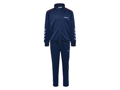 Hummel traeningssaet i moerkeblaa med roed piping set forfra