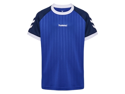 Hummel t-shirt i blaa med stribedetaljer set forfra