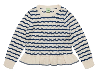 FUB pointelle bluse i ecru og deep indigo med striber