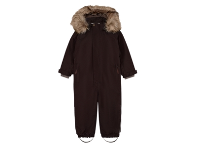 En Fant flyverdragt i brun nuance med fake fur og haette set forfra