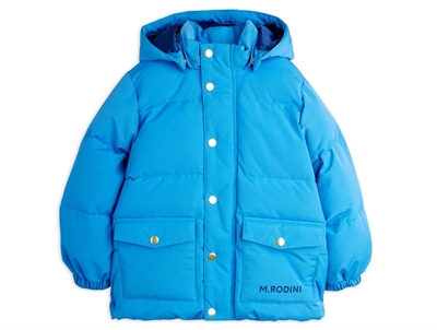 Mini Rodini blå pufferjakke set forfra med hætte