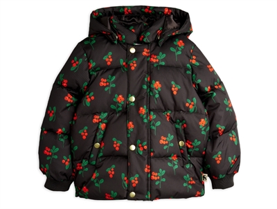 pufferjakke fra Mini Rodini i sort med lingonberries print og hætte