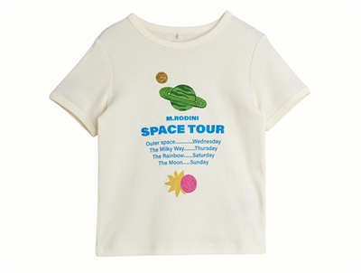Mini Rodini t-shirt i off-white med space tour print set forfra