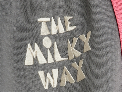 Mini Rodini sweatpants i grey med rainbow panel og Milky way tekst 